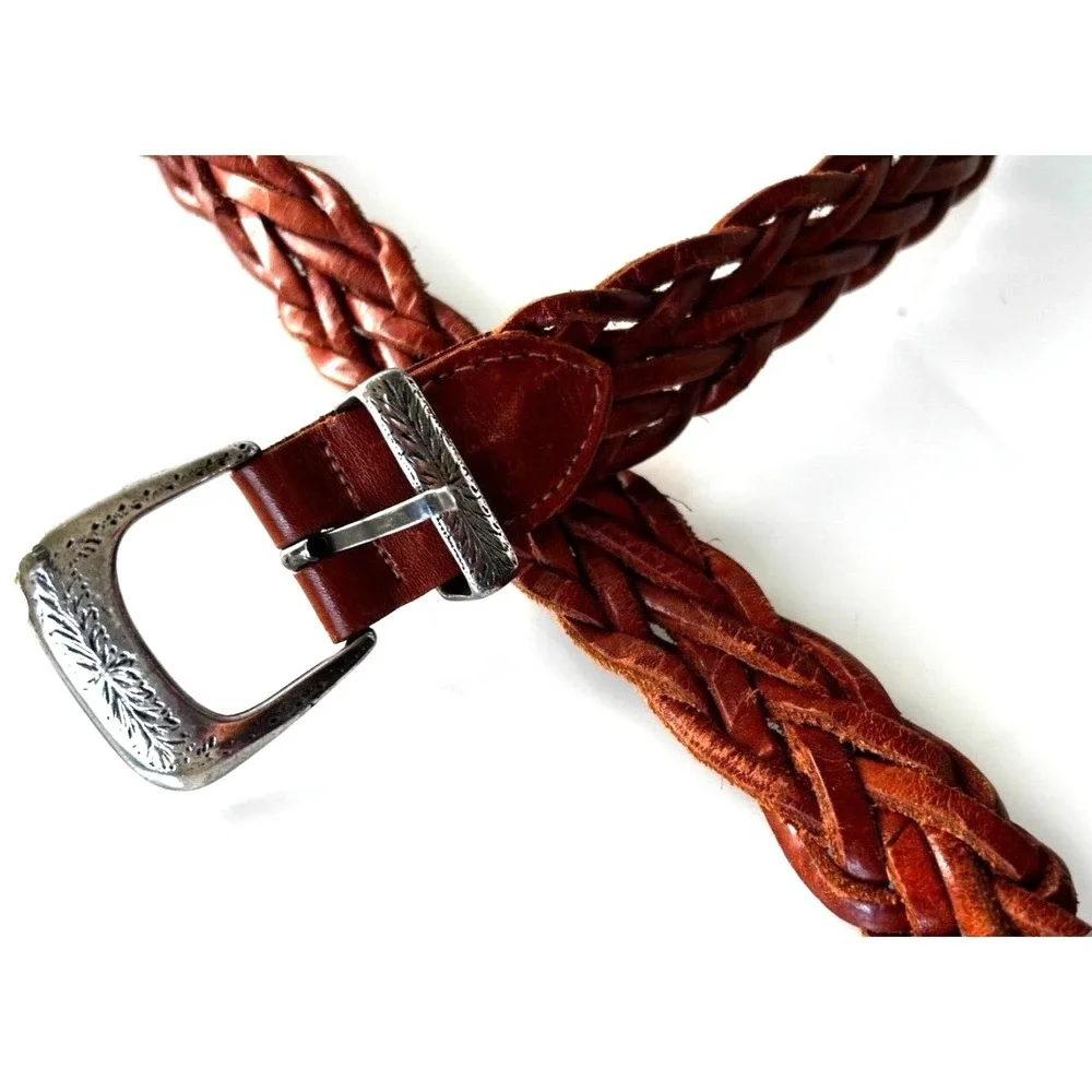 VTG Woven Brown Leather Belt M Argentina Westcore Cowgirl Bohemian Etch Silver